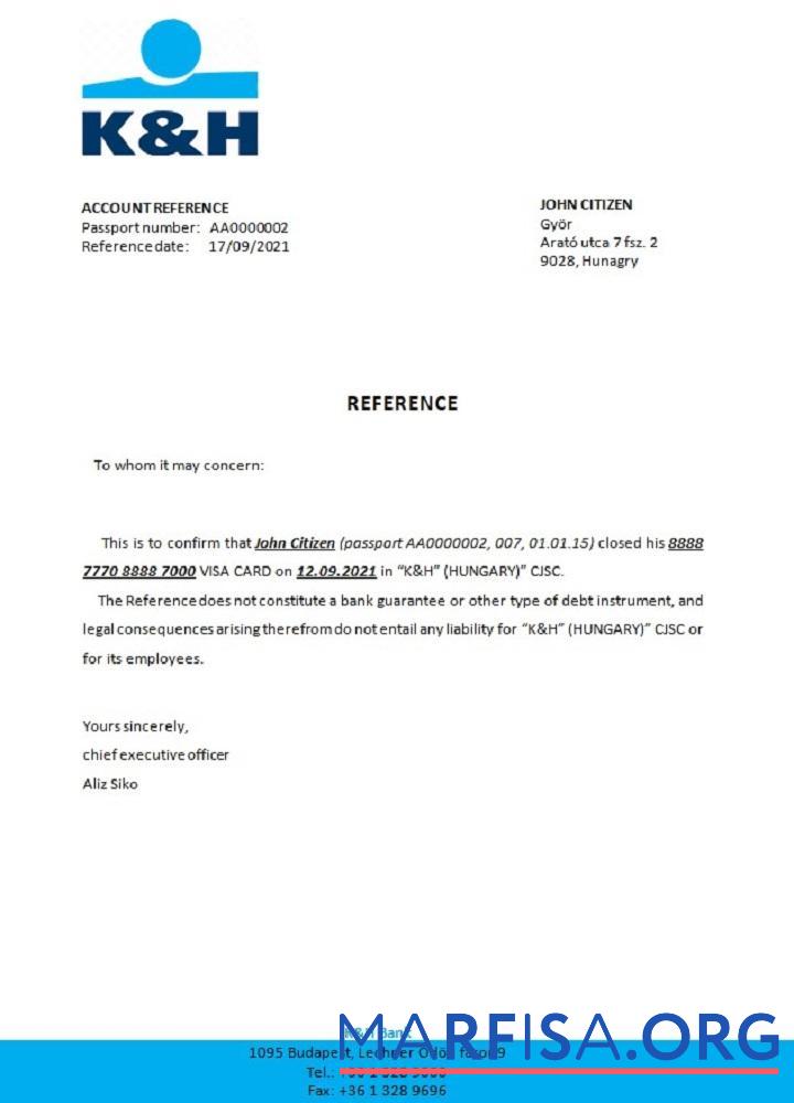 Blank Hungary K&H closure reference real example